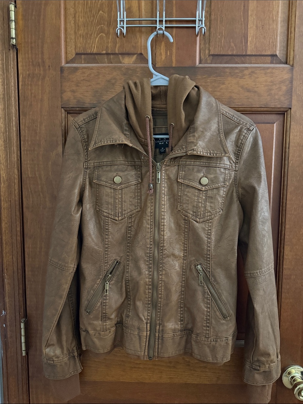 Faux leather fall jacket for women with hoodie insert . Size medium